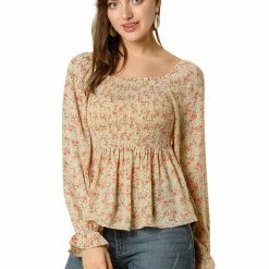 Women Allegra K Square Neck Long Bell Sleeve Floral Print Smocked Blouse