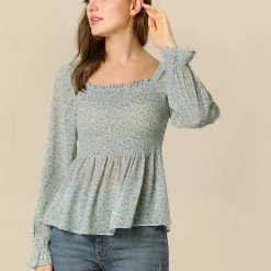 Women Allegra K Square Neck Long Bell Sleeve Floral Print Smocked Blouse