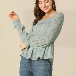 Women Allegra K Square Neck Long Bell Sleeve Floral Print Smocked Blouse