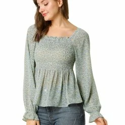 Women Allegra K Square Neck Long Bell Sleeve Floral Print Smocked Blouse