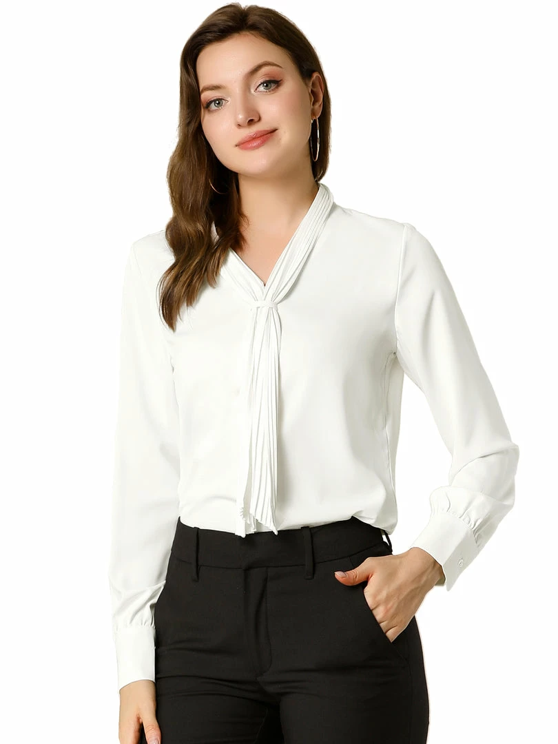 Allegra K Women's Elegant Work Office Blouse Long Sleeve Pleated Tie Neck Top Shirt 12 Allegra K Women's Elegant Work Office Blouse Long Sleeve Pleated Tie Neck Top Shirt