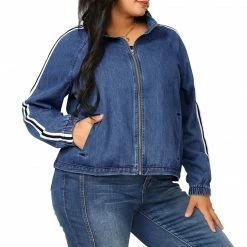 Allegra K Women's Plus Size Jacket Contrast Color Stand Collar Zip Closure Pockets Denim Jackets