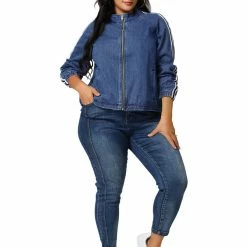 Allegra K Women's Plus Size Jacket Contrast Color Stand Collar Zip Closure Pockets Denim Jackets