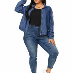 Allegra K Women's Plus Size Jacket Contrast Color Stand Collar Zip Closure Pockets Denim Jackets