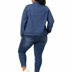 Allegra K Women's Plus Size Jacket Contrast Color Stand Collar Zip Closure Pockets Denim Jackets
