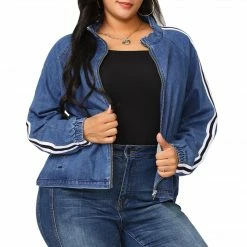 Allegra K Women's Plus Size Jacket Contrast Color Stand Collar Zip Closure Pockets Denim Jackets