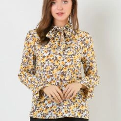 Allegra K Tie V Neck Blouse Long Trumpet Sleeve Floral Shirt Women
