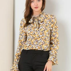 Allegra K Tie V Neck Blouse Long Trumpet Sleeve Floral Shirt Women