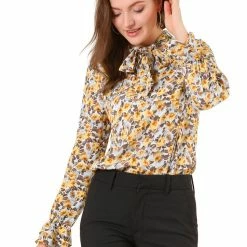 Allegra K Tie V Neck Blouse Long Trumpet Sleeve Floral Shirt Women