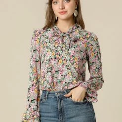 Allegra K Tie V Neck Blouse Long Trumpet Sleeve Floral Shirt Women