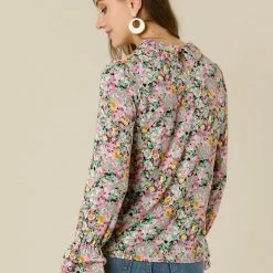 Allegra K Tie V Neck Blouse Long Trumpet Sleeve Floral Shirt Women