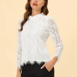 Allegra K Lace Long Sleeve Ruffle Round Neck Floral Blouse Women