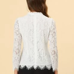 Allegra K Lace Long Sleeve Ruffle Round Neck Floral Blouse Women