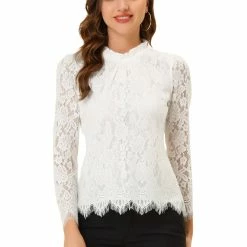 Allegra K Lace Long Sleeve Ruffle Round Neck Floral Blouse Women