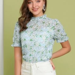 Allegra K Women's Ruffle Stand Collar Short Sleeve Ditsy Floral Blouse Top