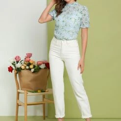 Allegra K Women's Ruffle Stand Collar Short Sleeve Ditsy Floral Blouse Top