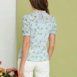 Allegra K Women's Ruffle Stand Collar Short Sleeve Ditsy Floral Blouse Top