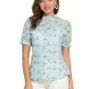 Allegra K Women's Ruffle Stand Collar Short Sleeve Ditsy Floral Blouse Top