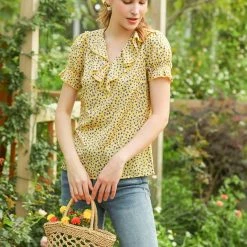 Allegra K Women's Casual Ruffle V Neck Short Bell Sleeve Smocked Chiffon Floral Top