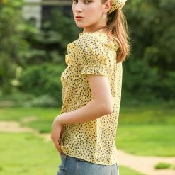 Allegra K Women's Casual Ruffle V Neck Short Bell Sleeve Smocked Chiffon Floral Top