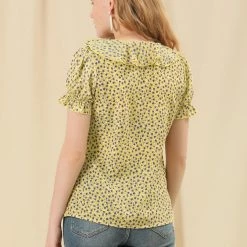 Allegra K Women's Casual Ruffle V Neck Short Bell Sleeve Smocked Chiffon Floral Top