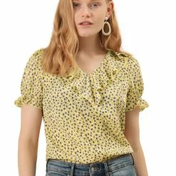 Allegra K Women's Casual Ruffle V Neck Short Bell Sleeve Smocked Chiffon Floral Top