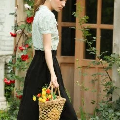 Allegra K Women's Peasant Elastic Waist Ruffle Cotton A-Line Midi Skirt With Pockets