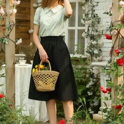 Allegra K Women's Peasant Elastic Waist Ruffle Cotton A-Line Midi Skirt With Pockets