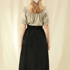 Allegra K Women's Peasant Elastic Waist Ruffle Cotton A-Line Midi Skirt With Pockets