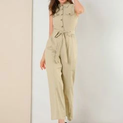 Allegra K Women's Sleeveless Jumpsuit Wide Legs Cotton Tie Button Up Work Jumpsuit 17 Allegra K Women's Sleeveless Jumpsuit Wide Legs Cotton Tie Button Up Work Jumpsuit