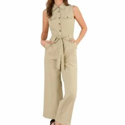 Allegra K Women's Sleeveless Jumpsuit Wide Legs Cotton Tie Button Up Work Jumpsuit