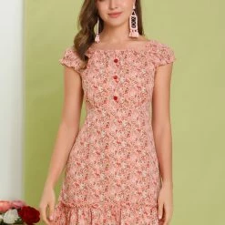 Allegra K Women's Ditsy Floral Ruffle Neck Cap Sleeve Ruffled Button Down Mini Dress 21 Allegra K Women's Ditsy Floral Ruffle Neck Cap Sleeve Ruffled Button Down Mini Dress