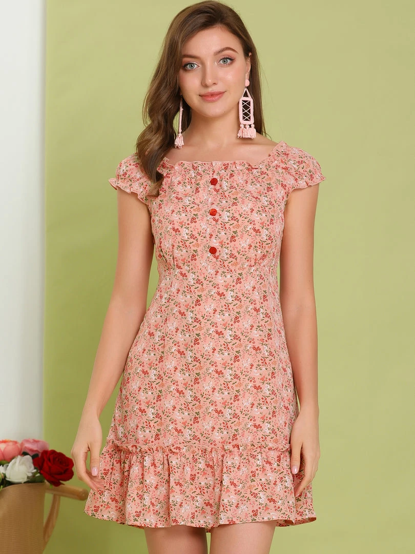 Allegra K Women's Ditsy Floral Ruffle Neck Cap Sleeve Ruffled Button Down Mini Dress 10 Allegra K Women's Ditsy Floral Ruffle Neck Cap Sleeve Ruffled Button Down Mini Dress