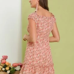 Allegra K Women's Ditsy Floral Ruffle Neck Cap Sleeve Ruffled Button Down Mini Dress 24 Allegra K Women's Ditsy Floral Ruffle Neck Cap Sleeve Ruffled Button Down Mini Dress