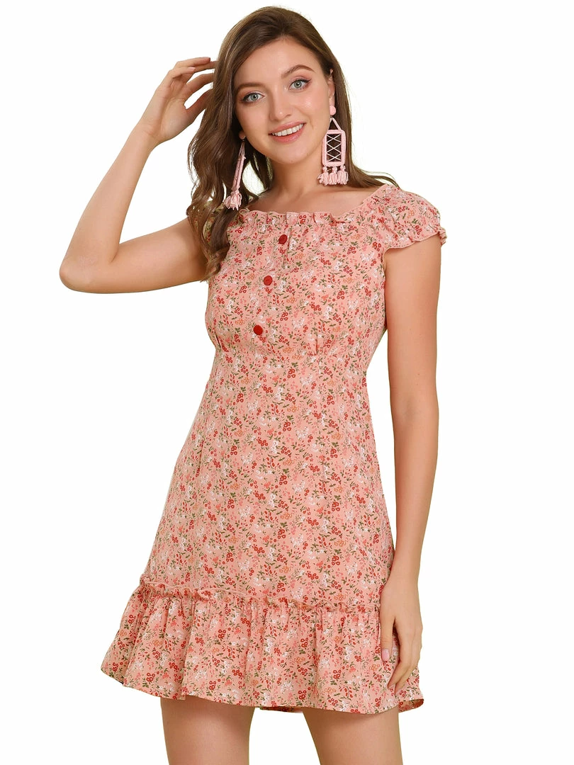 Allegra K Women's Ditsy Floral Ruffle Neck Cap Sleeve Ruffled Button Down Mini Dress 9 Allegra K Women's Ditsy Floral Ruffle Neck Cap Sleeve Ruffled Button Down Mini Dress