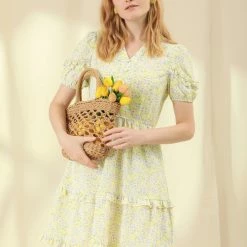 Allegra K Women's Casual Floral Print Short Sleeve V Neck Ruffle Hem Tiered Dress