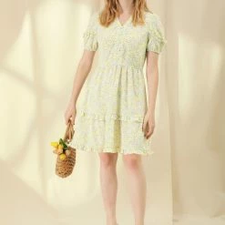 Allegra K Women's Casual Floral Print Short Sleeve V Neck Ruffle Hem Tiered Dress