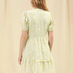 Allegra K Women's Casual Floral Print Short Sleeve V Neck Ruffle Hem Tiered Dress