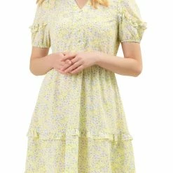 Allegra K Women's Casual Floral Print Short Sleeve V Neck Ruffle Hem Tiered Dress