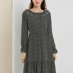 Allegra K Women's Peasant Chiffon Floral Printed Contrast Trim Ruffle Dress