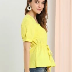 Allegra K Women's Square Neck Short Sleeve Half Placket Elastic Waist Top Blouse