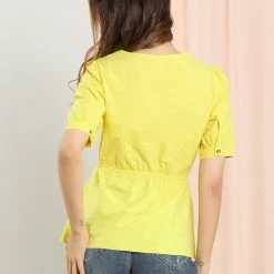 Allegra K Women's Square Neck Short Sleeve Half Placket Elastic Waist Top Blouse