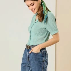 Allegra K Women's Camp Collar Button Front Textured Short Bubble Sleeve Shirt