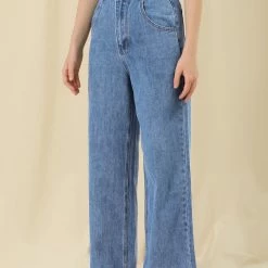 Allegra K Women’s Wide Leg Casual High Waist Denim Long Pants Trousers