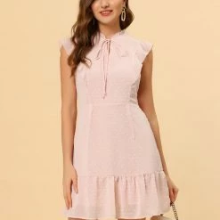 Allegra K Women's Ruffle Tie Neck Sleeveless A-line Solid Color Chiffon Dress