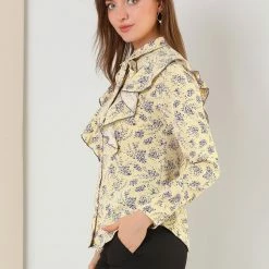 Allegra K Women's Floral Printed Ruffle Tie Neck Long Sleeve Shirt