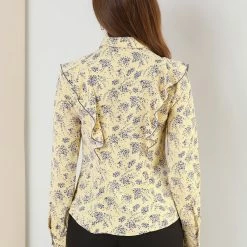 Allegra K Women's Floral Printed Ruffle Tie Neck Long Sleeve Shirt