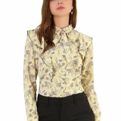 Allegra K Women's Floral Printed Ruffle Tie Neck Long Sleeve Shirt