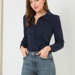 Allegra K Women's Button Down Shirt Peter Pan Collar Long Sleeve Bow Tie Neck Blouse