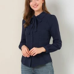 Allegra K Women's Button Down Shirt Peter Pan Collar Long Sleeve Bow Tie Neck Blouse